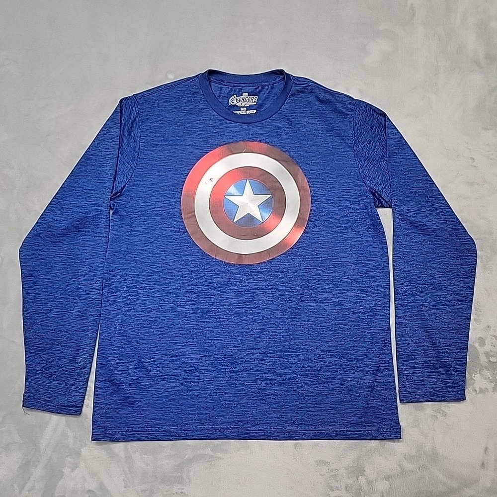 Marvel Shirt Men Medium Blue Captain America Shield Avengers Graphic Long Sleeve